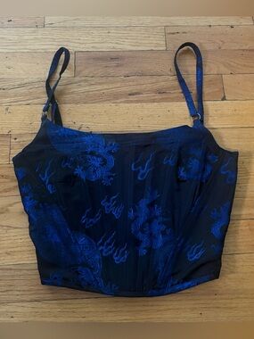 Current Mood Dragon Corset Top Blue Black Jacquard Lace Up Boned Bustier Size L